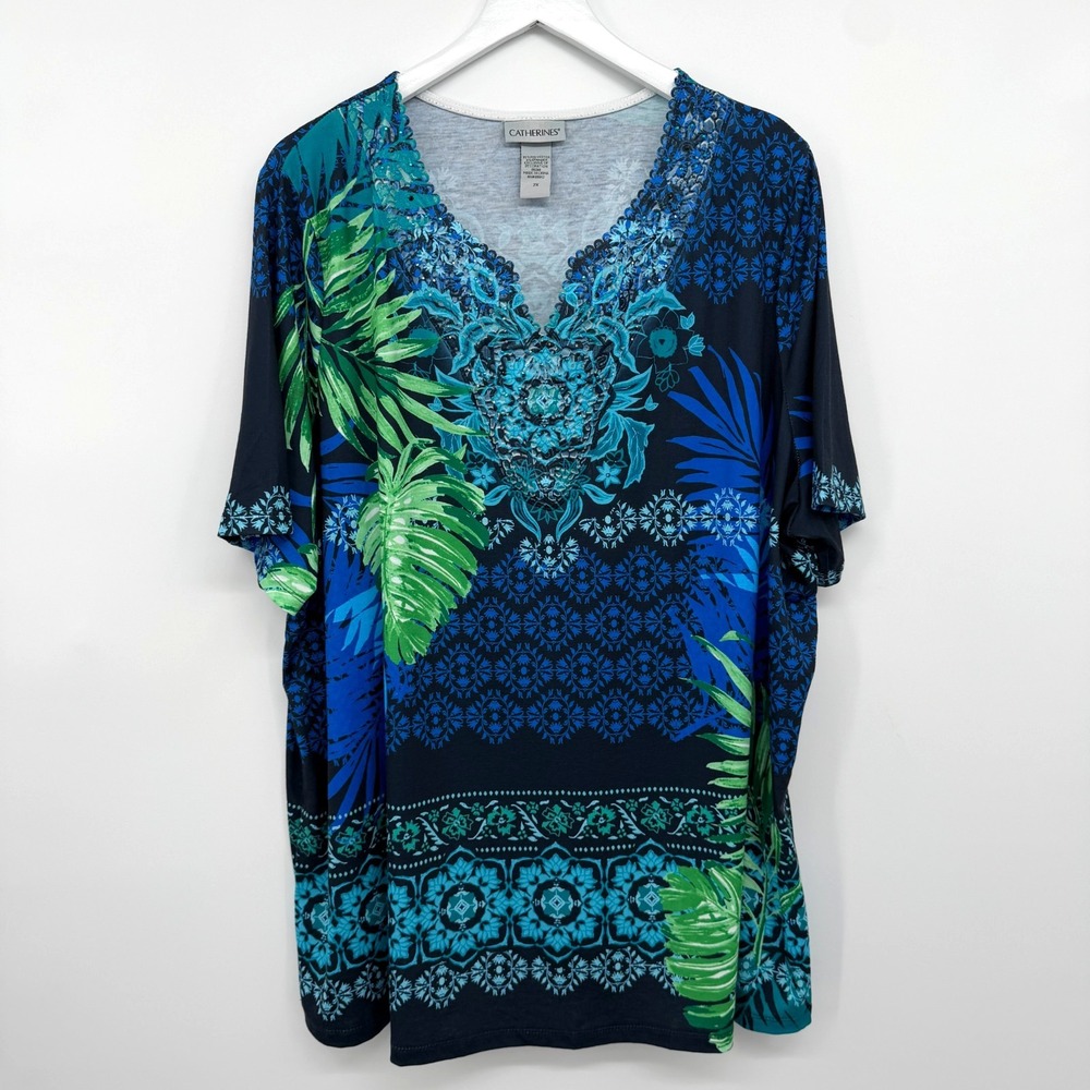 Catherines Tunic Top Shirt Size 2X Stretch Knit Embroidered Rhinestones Artsy